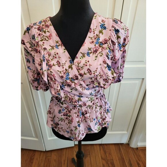 Forever 21 Tops - Pink Floral Wrap Top Ruffle Peplum Puff Sleeve sz M Cottagecore Fairy Coquette